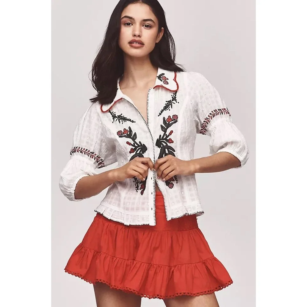Anthropologie Pilcro Embroidered Puff Sleeve Collared Blouse White XL